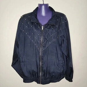 Y2K 100% Silk Black Gold Beads Jacket side pockets LARGE windbreaker Coat Summer